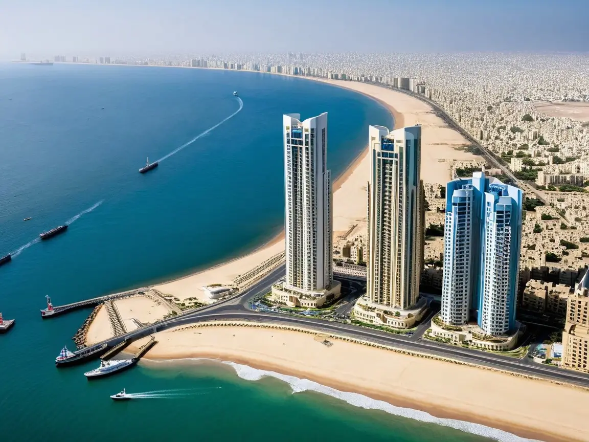 Infographic comparing Emaar Oceanfront Karachi and HMR Waterfront Karachi, highlighting prices, timelines, and amenities in DHA Phase 8