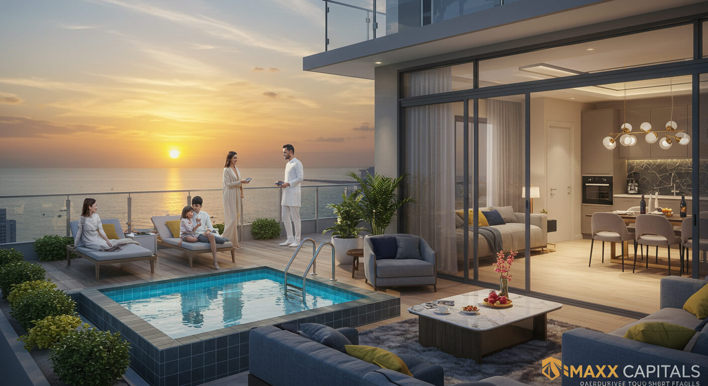 Luxury Karachi penthouse terrace with infinity pool, sunset sea view, modern lounge, kitchen for short term rentals