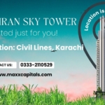 Mehran Sky Tower luxury high-rise in Civil Lines, Karachi, with sunset skyline and contact details.