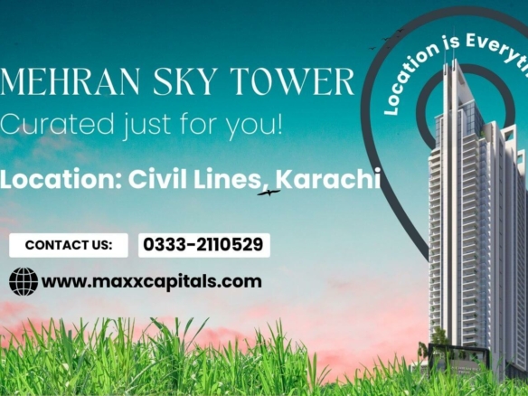 Mehran Sky Tower luxury high-rise in Civil Lines, Karachi, with sunset skyline and contact details.