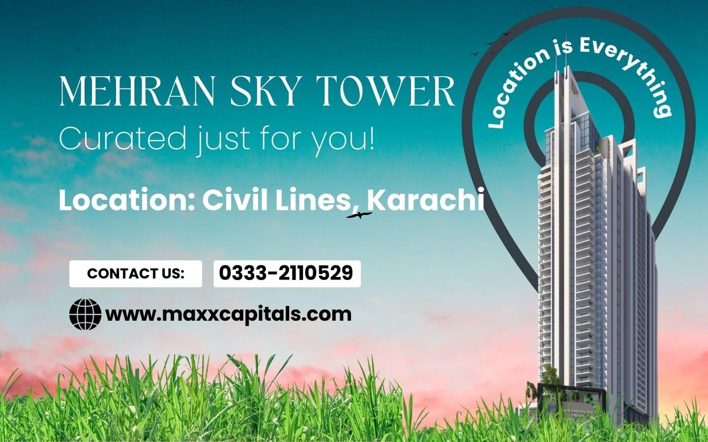 Mehran Sky Tower luxury high-rise in Civil Lines, Karachi, with sunset skyline and contact details.