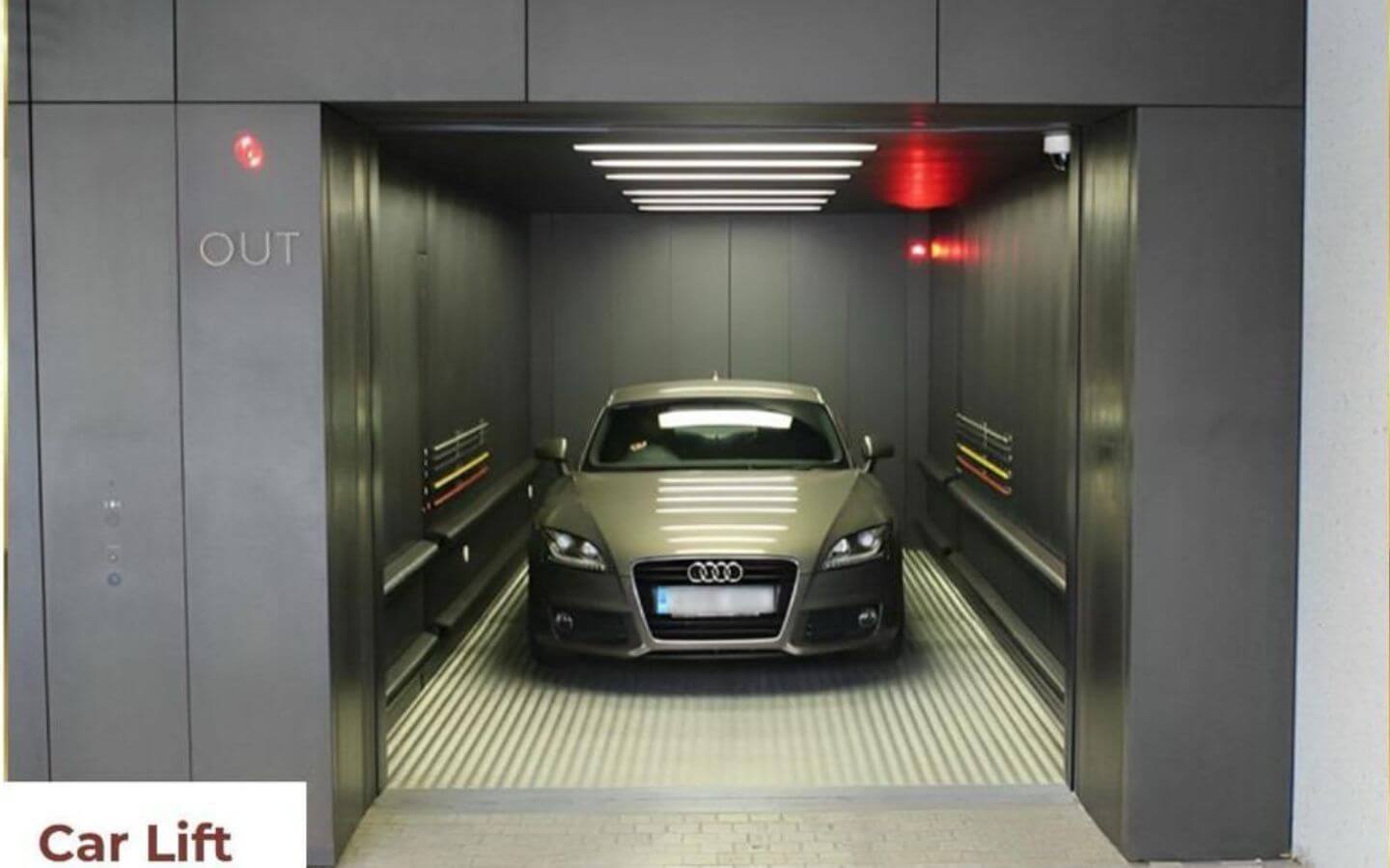 Gray Audi TT sports car in modern car elevator, open doors, gray panels, LED lights, garage lift.