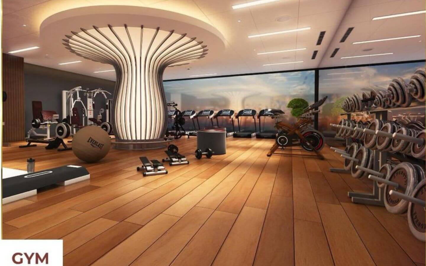 Spacious modern gym with wooden floors, treadmills, dumbbells, weight racks, exercise balls, and scenic window views