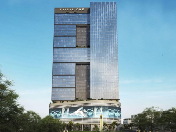 Modern exterior elevation of Faisal One Metropole Near Shahra-e-Faisal Karachi, showcasing sleek corporate office architecture by Riveria Group for MaxX Capitals Real Estate Experts.