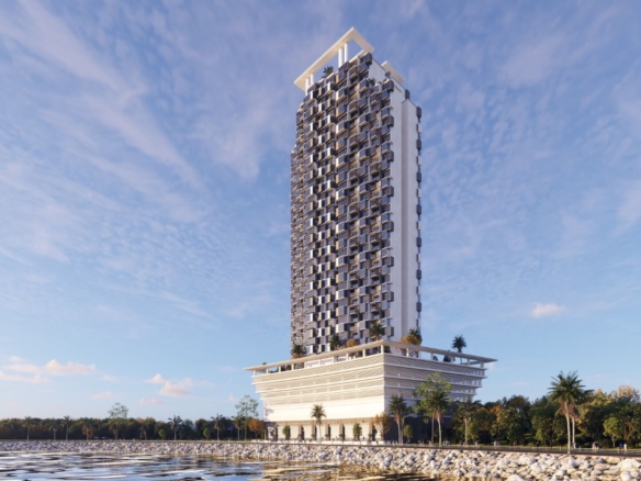 Exterior of Saima Marina Residence, a luxury residential tower in DHA Phase 8, Karachi